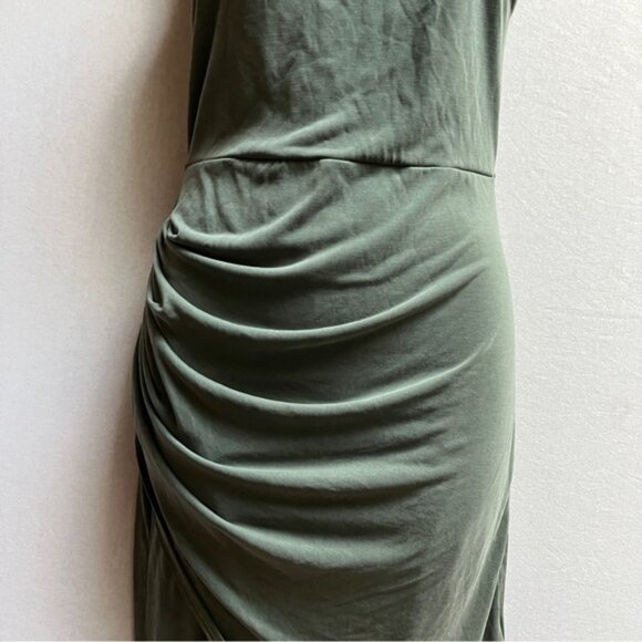 Workhall Sage Green Draped crisscross halter Ruched Asymmetrical Dress Sz S - Picture 5 of 11
